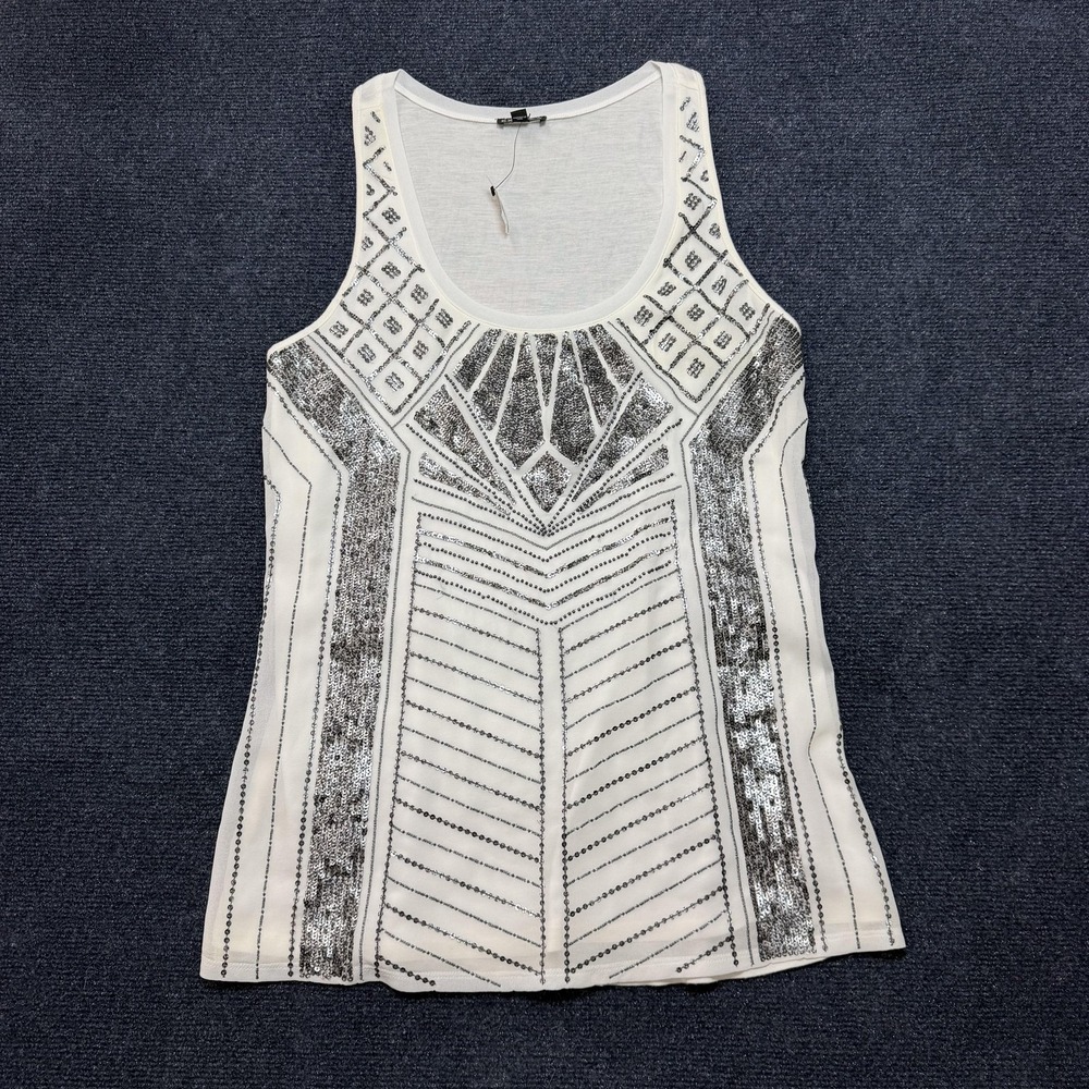 Express Tank Top Womens Medium White Sequin Geometric Scoop Neck Party Cami